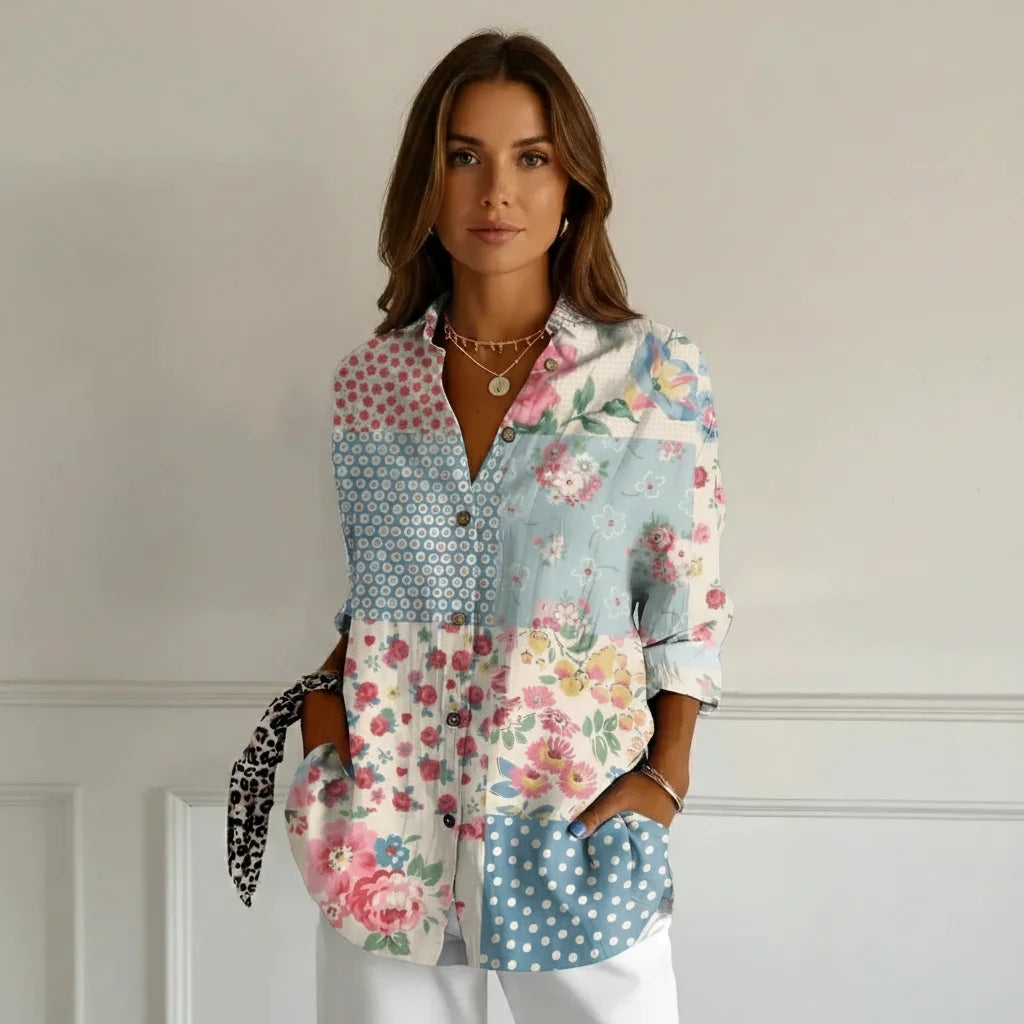 FALUVA Nara Women's Blouse Button Closure Blue Flower