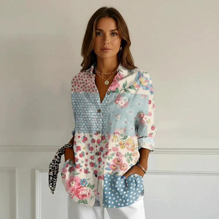 FALUVA Nara Women's Blouse Button Closure Blue Flower