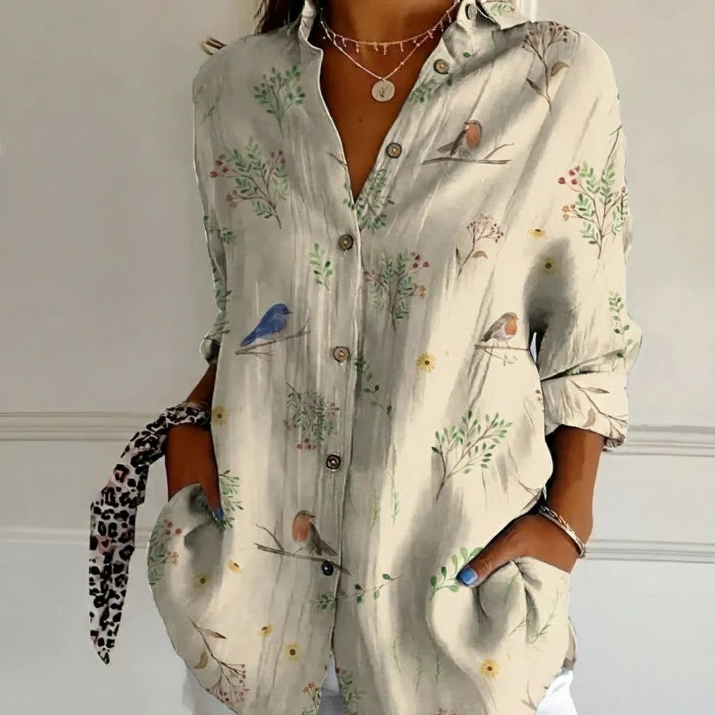 FALUVA Nara Women's Blouse Button Closure Birds