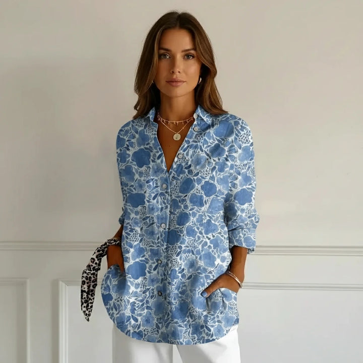 FALUVA Nara Women's Blouse Button Closure Dark Blue Flower