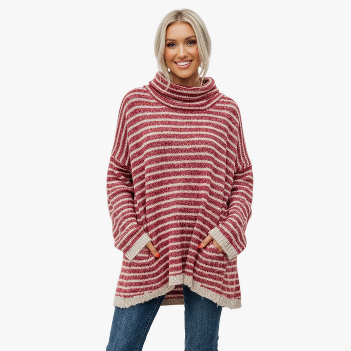 FALUVA Ory Tunic Sweater - Striped Pocketed Knit Red