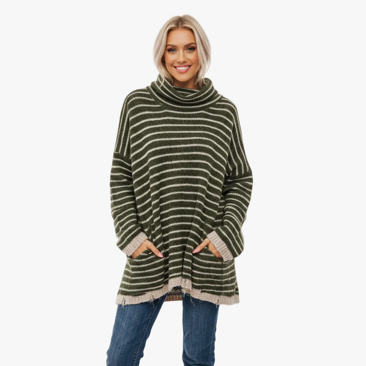 FALUVA Ory Tunic Sweater - Striped Pocketed Knit Green