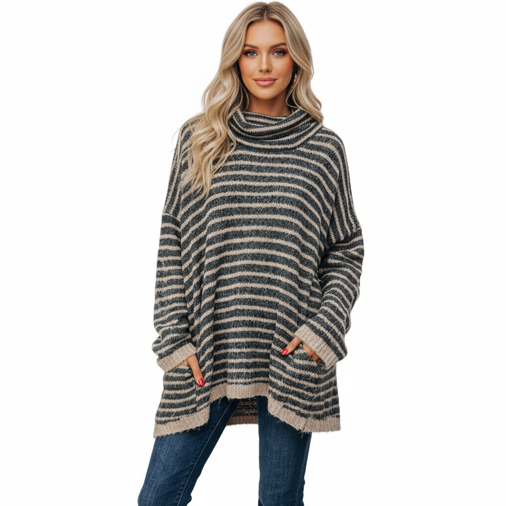 FALUVA Ory Tunic Sweater - Striped Pocketed Knit Black