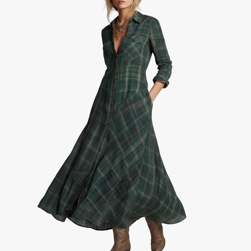 FALUVA Prue Plaid Shirt Long Dress Green