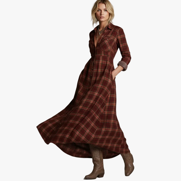 FALUVA Prue Plaid Shirt Long Dress Brown