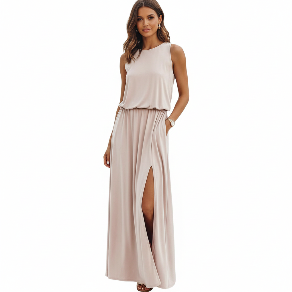 FALUVA Roe Maxi Dress - Loose Fit Side Slit Khaki