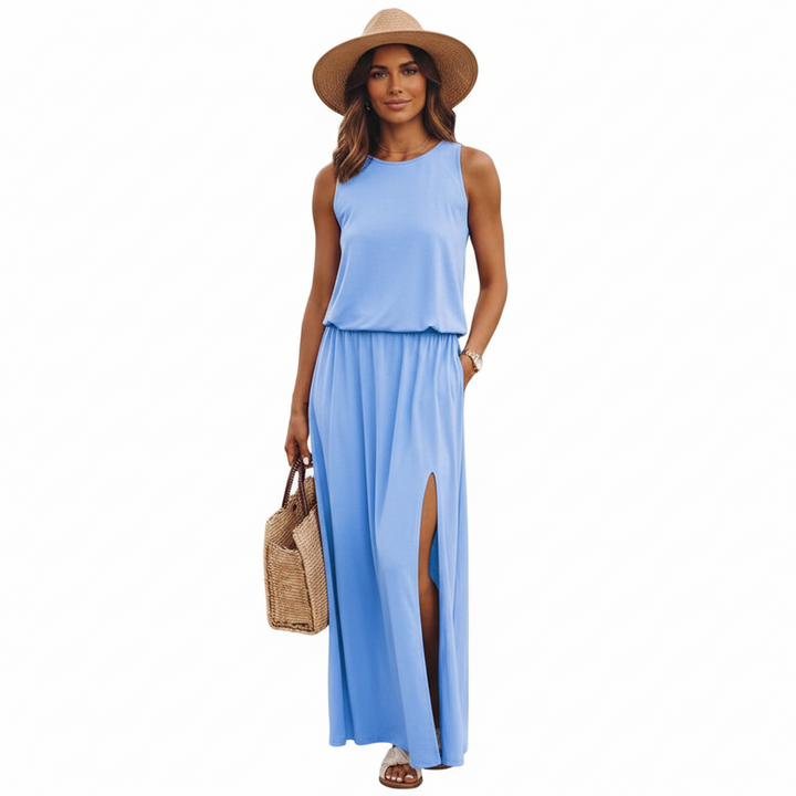 FALUVA Roe Maxi Dress - Loose Fit Side Slit Blue