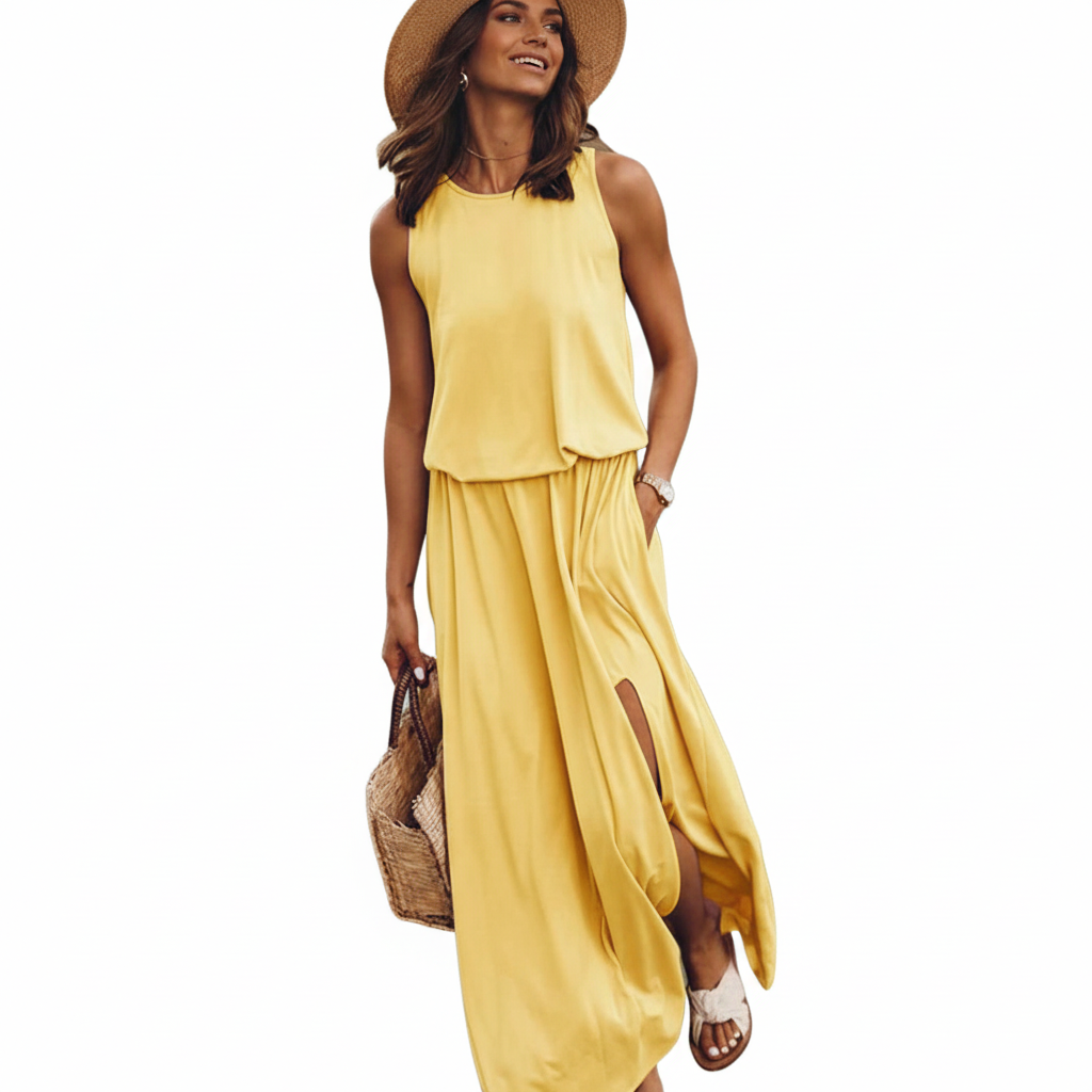 FALUVA Roe Maxi Dress - Loose Fit Side Slit Yellow