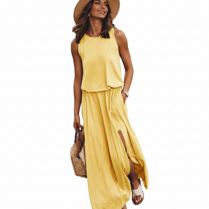FALUVA Roe Maxi Dress - Loose Fit Side Slit Yellow