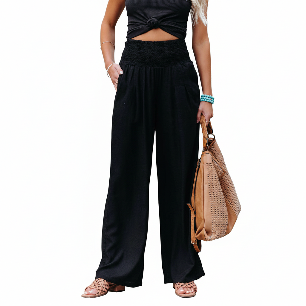 FALUVA Sonia Smocked Pocketed Pants Black