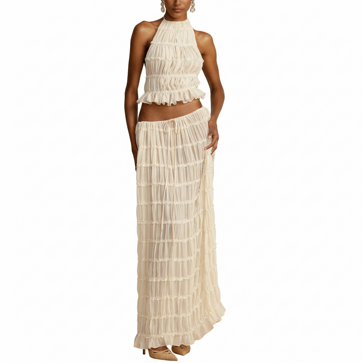 FALUVA Tes Halter Tank - Pleated Back & Lace Ivory