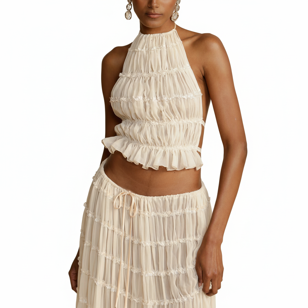 FALUVA Tes Halter Tank - Pleated Back & Lace