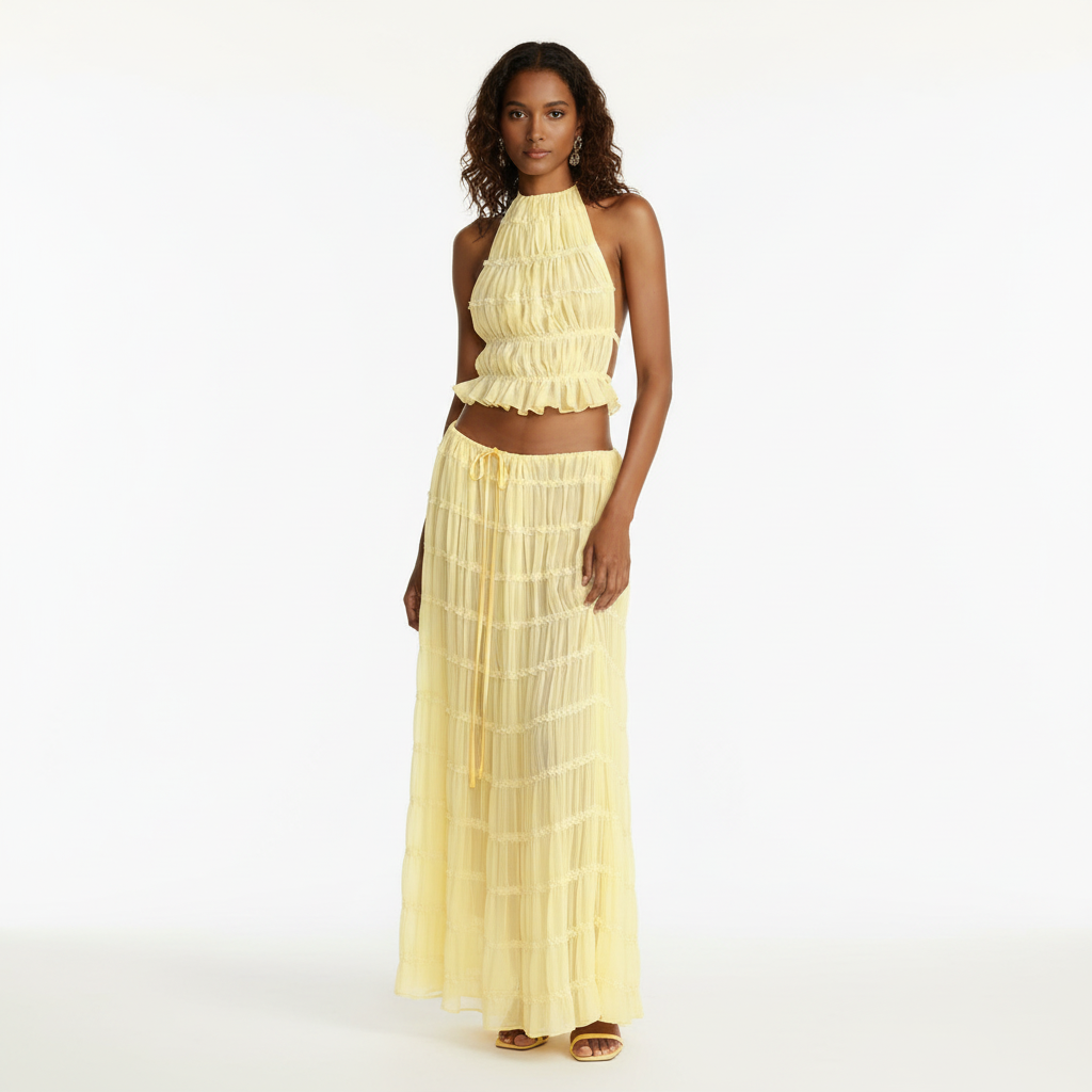 FALUVA Tes Halter Tank - Pleated Back & Lace Yellow