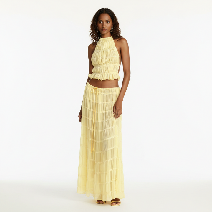 FALUVA Tes Halter Tank - Pleated Back & Lace Yellow