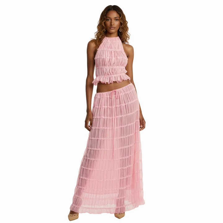 FALUVA Tes Halter Tank - Pleated Back & Lace Pink