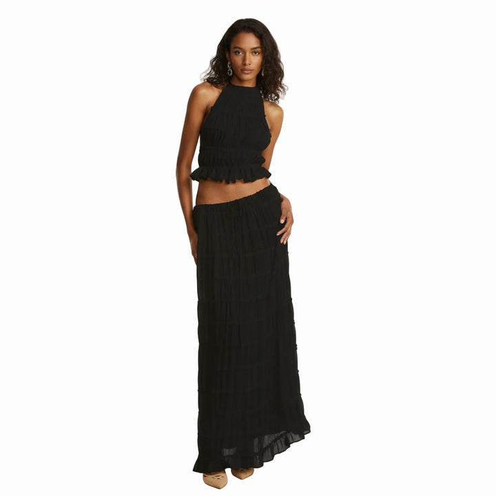FALUVA Tes Halter Tank - Pleated Back & Lace Black