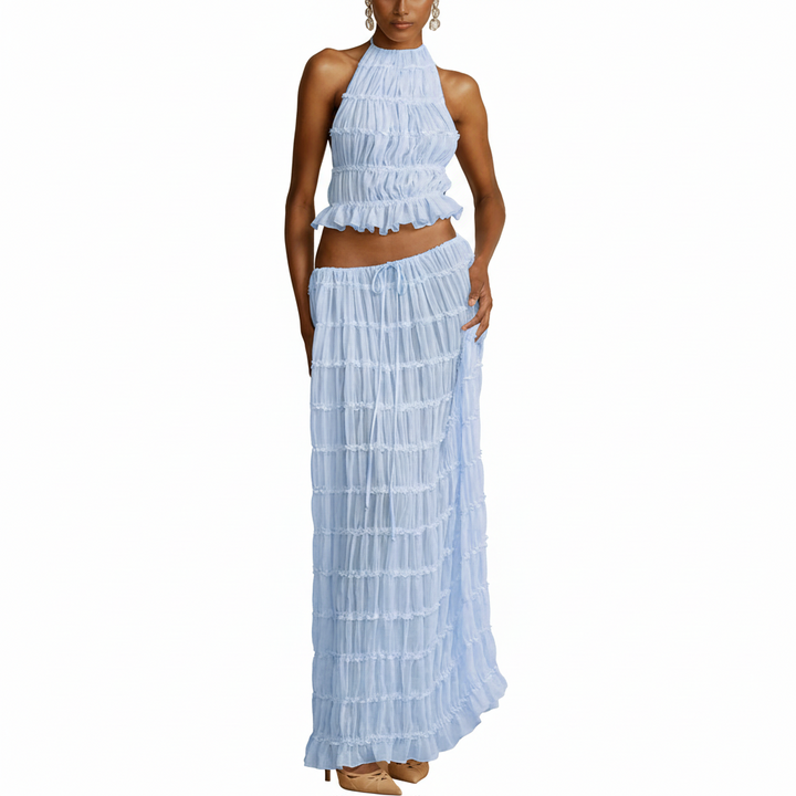 FALUVA Tes Halter Tank - Pleated Back & Lace Blue