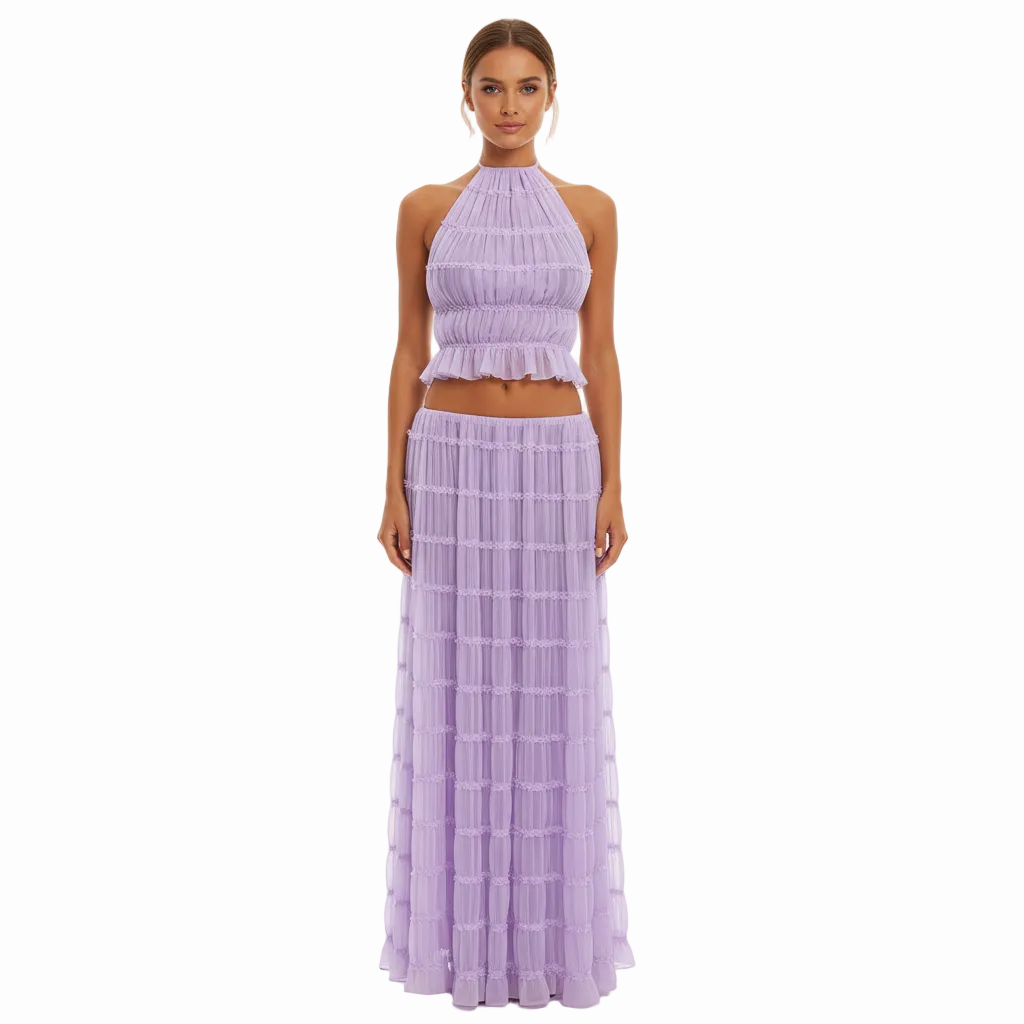 FALUVA Tes Halter Tank - Pleated Back & Lace Purple