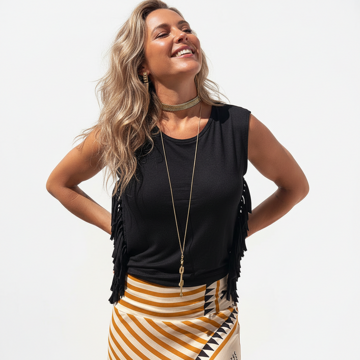 FALUVA Uza Tassel Trim Relaxed Top Black