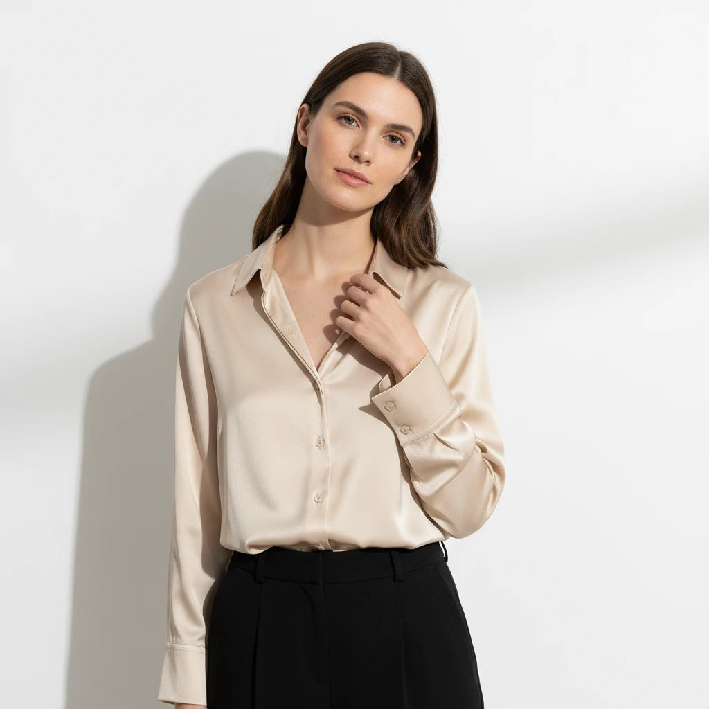 FALUVA Women's Vira Luxurious Classic Silk Blouse Beige