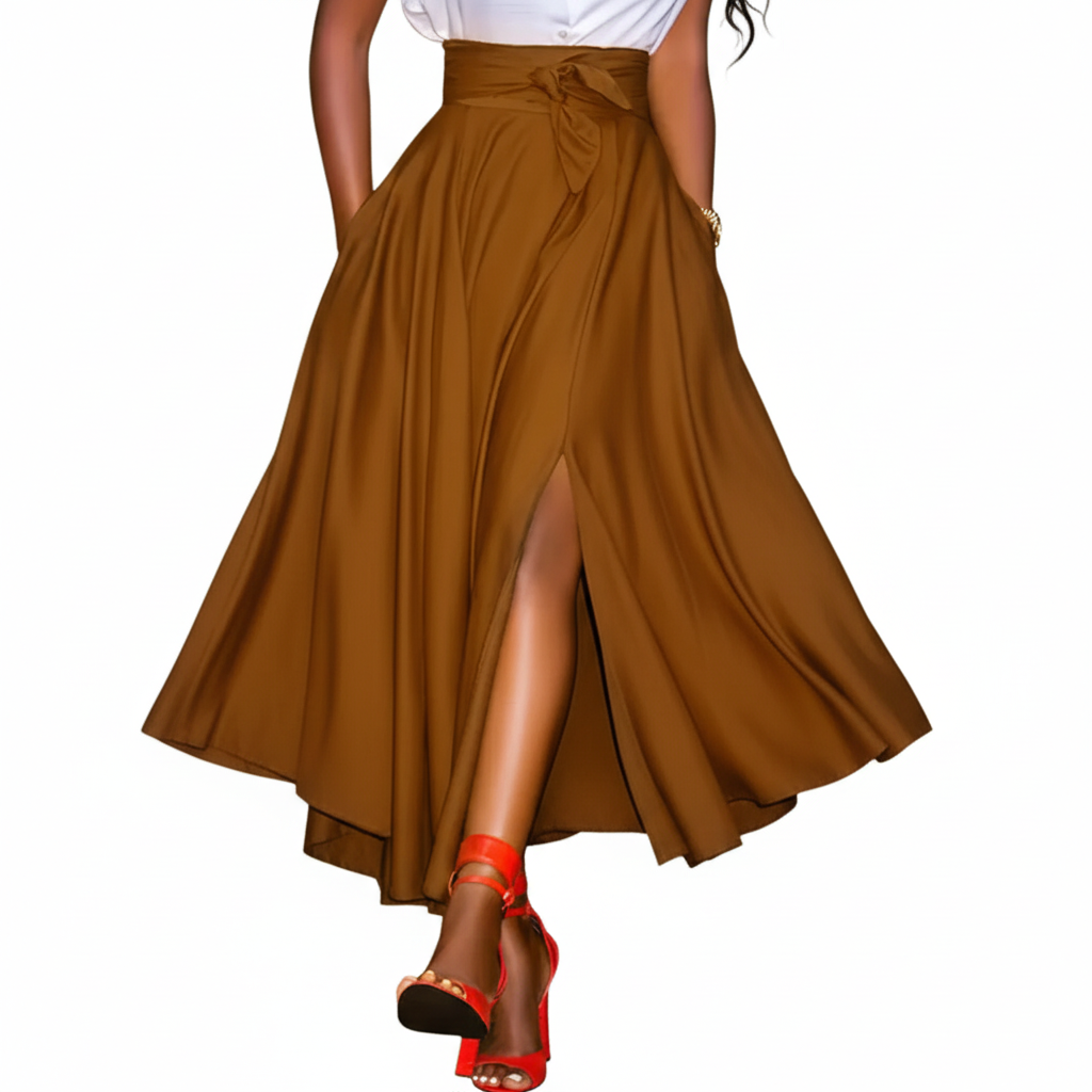 FALUVA Wren Pleated Ruffle Hem Tied Skirt Dark Brown