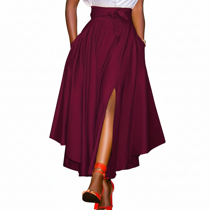 FALUVA Wren Pleated Ruffle Hem Tied Skirt Burgundy