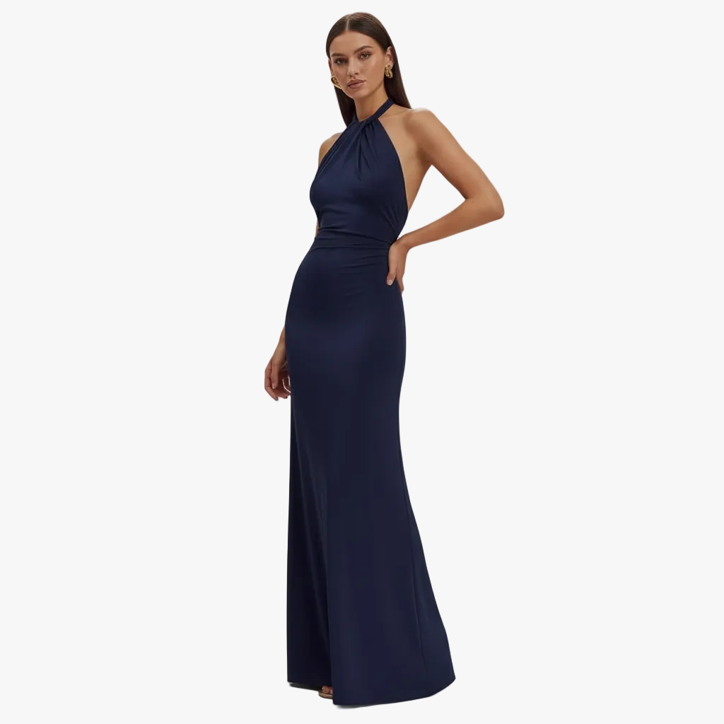 FALUVA Xenia Slinky Halter Maxi Dress Navy