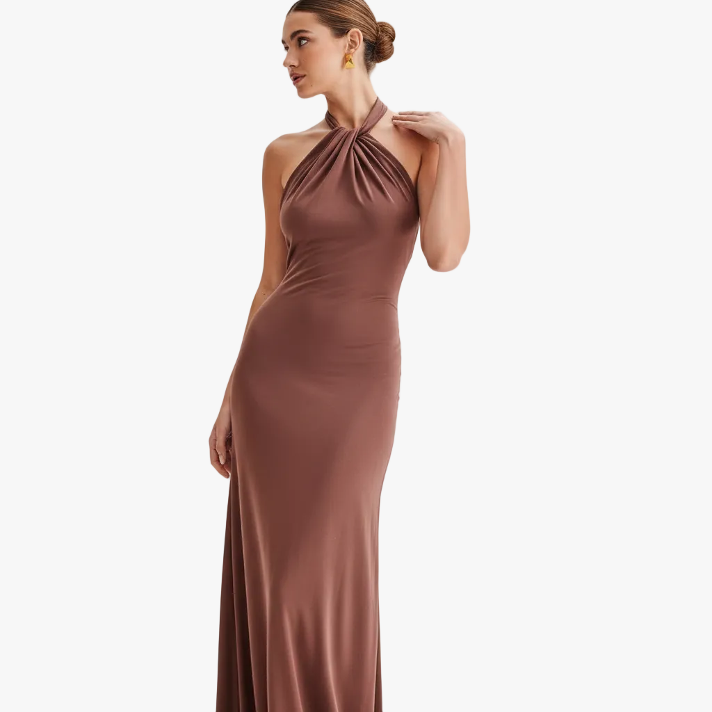 FALUVA Xenia Slinky Halter Maxi Dress Brown